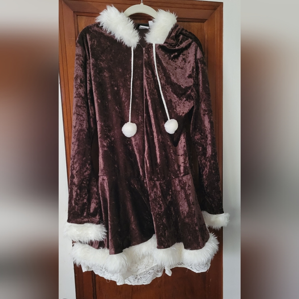 Brown Velvet Hooded Dress with White Pom Poms
